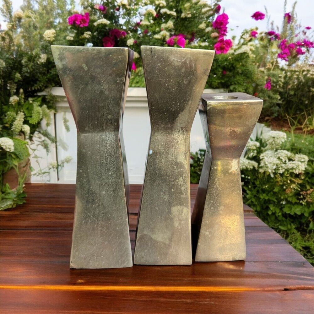 Square Double Inverted Pyramid Shape Brass Candlesticks MCM Lot Of 3 - 8” & 6.5”